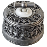 Выключатель ретро двухклавишный (оконечный) 4-х позиционный фарфоровый "Salvador" OP21DNWT, белый, с декоративной накладкой "состаренное серебро"