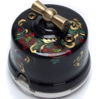 Выключатель одноклавишный (проходной) 2-х позиционный фарфоровый "Salvador" ОР11BL.HL, черный с росписью под хохлому