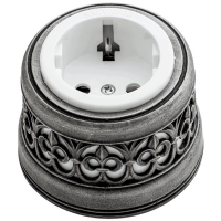 Розетка с заземлением и шторками для наружного монтажа, белая c декоративной накладкой "состаренное серебро", OP12DN.WT