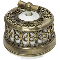 Выключатель одноклавишный (проходной) 2-х позиционный фарфоровый "Salvador" OP11KVWT, белый с декоративной накладкой "латунь"